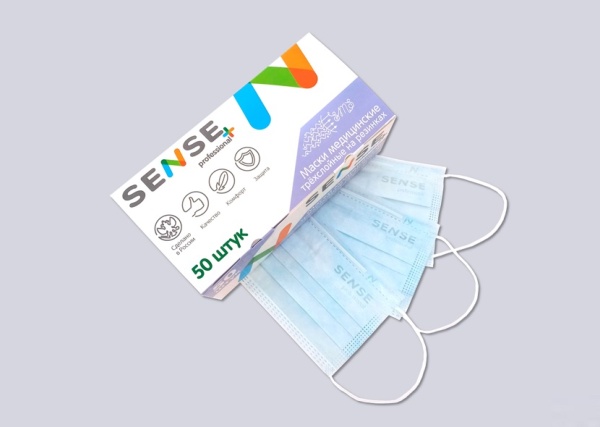 Маска медицинская трехслойная SENSE белый, 50 шт./уп. коробка